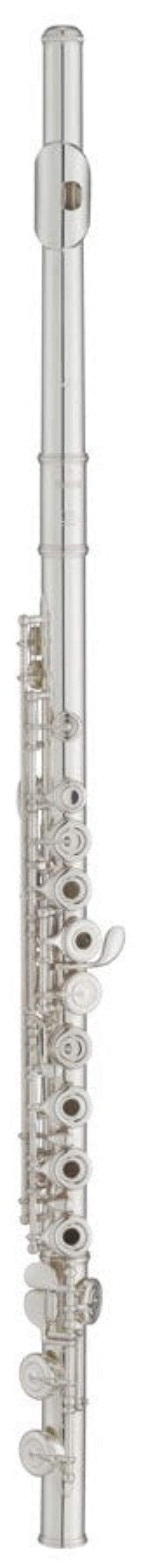 A Yamaha YFL272 student flute with open hole keys and offset G, E mechanism. The flute is silver-colored and appears to be made of a synthetic material.