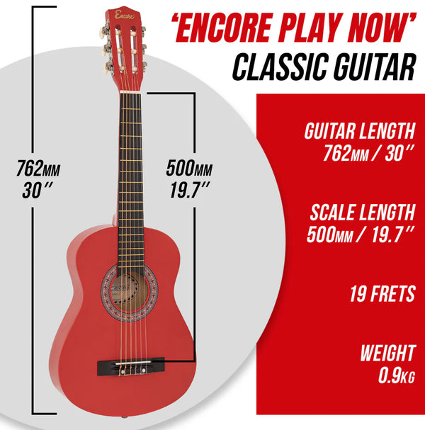 Student ENC12 1/2 Size Classical Guitar Pack in Red. 30 inch junior size.