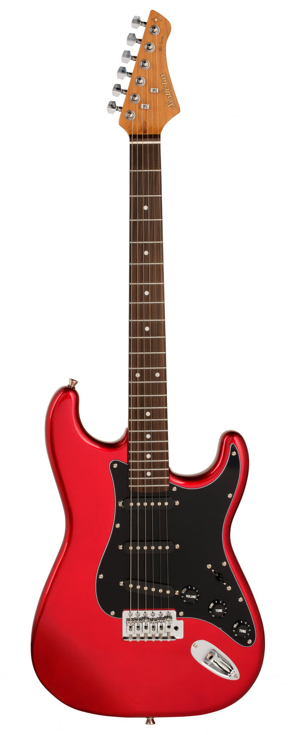 Strat style electric guitar suitable for beginners. Morello Cherry Metallic.