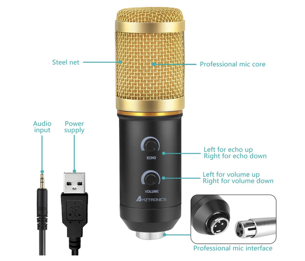 Used AMZTronics USB Condenser microphone. Gold top.