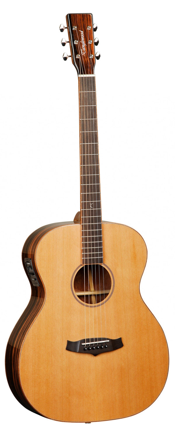 Acoustic guitar with a wooden body and dark brown neck on a white background