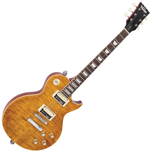 Vintage V100AFD Les Paul Electric Guitar with Flamed Amber Top.