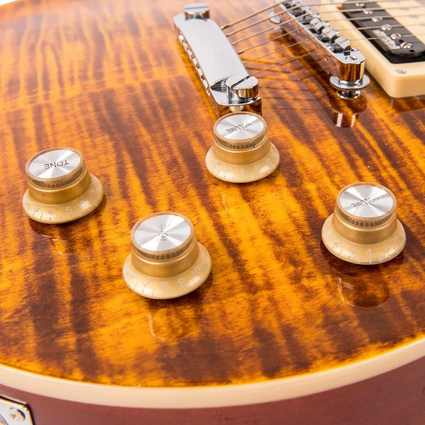 Vintage V100AFD Les Paul Electric Guitar with Flamed Amber Top.