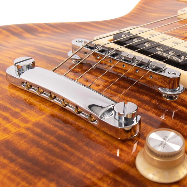 Vintage V100AFD Les Paul Electric Guitar with Flamed Amber Top.