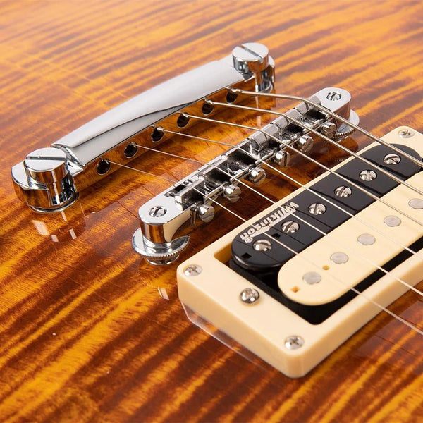 Vintage V100AFD Les Paul Electric Guitar with Flamed Amber Top.