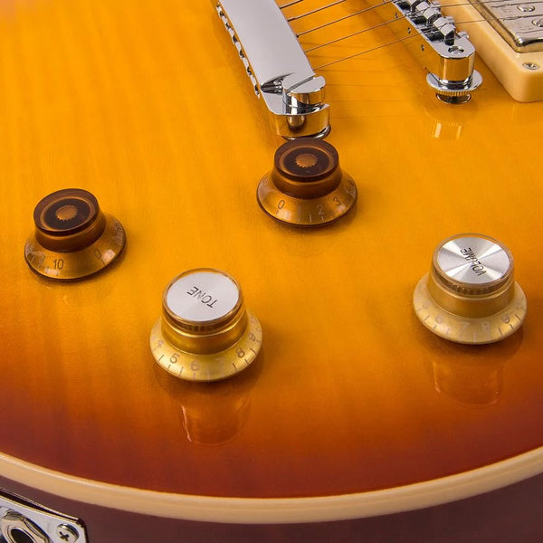 Vintage V100SB Les Paul Electric Guitar in Tobacco Sunburst. Gold hardware.
