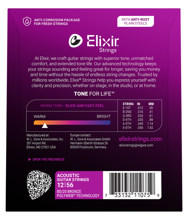 ELIXIR POLYWEB 11075 80/20 ACOUSTIC GUITAR STRINGS. 12-56
