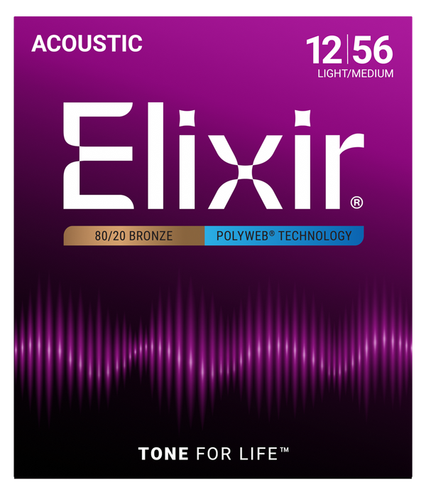 ELIXIR POLYWEB 11075 80/20 ACOUSTIC GUITAR STRINGS. 12-56