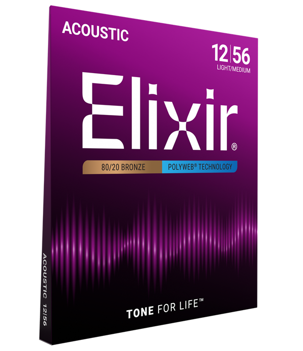 ELIXIR POLYWEB 11075 80/20 ACOUSTIC GUITAR STRINGS. 12-56