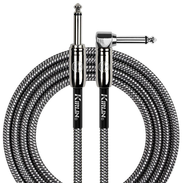 KIRLIN IWC202PNBK-20FT 20 Foot Braided guitar cable. Black. Right angled end.