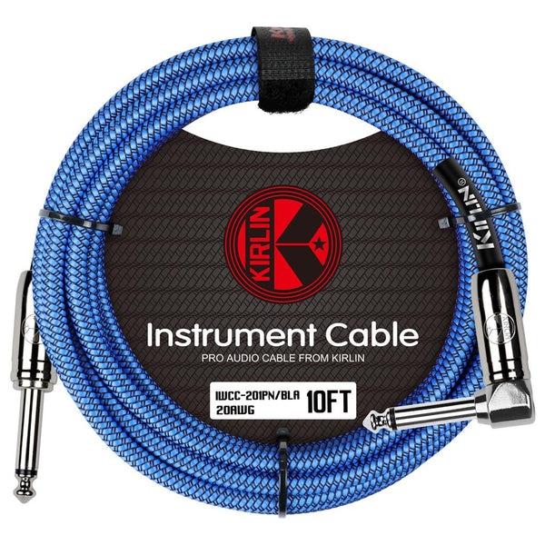 KIRLIN FABRIC 10' STRAIGHT TO RIGHT ANGLE GUITAR CABLE. BLUE