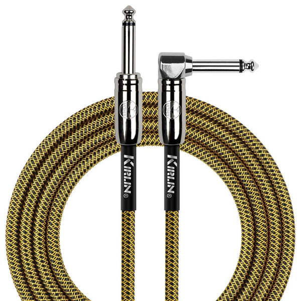 FABRIC 10' STRAIGHT TO ANGLE ENDS BLACK & YELLOW GUITAR CABLE.