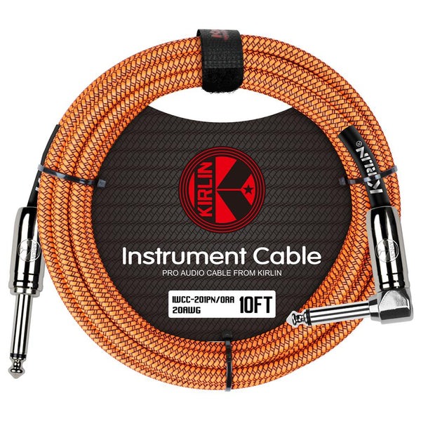 KIRLIN IWC202PNOR-10FT FABRIC 10' STRAIGHT to RIGHT ANGLE ORANGE GUITAR CABLE.
