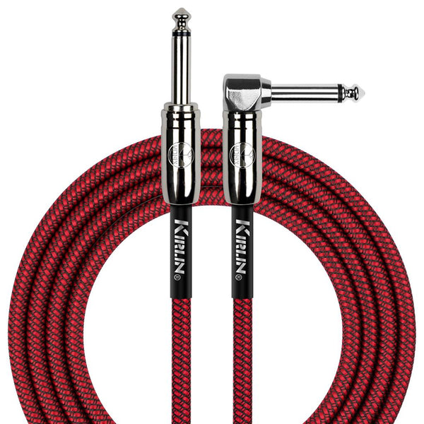 KIRLIN IWC202PNRD-20FT FABRIC 20' STRAIGHT to RIGHT ANGE RED GUITAR CABLE.