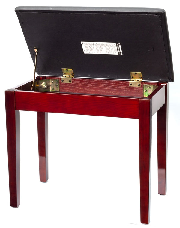 Montford Piano stool in Gloss Mahogany finish with back vinyl top and storage under the seat.