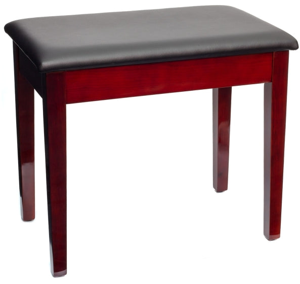 Montford Piano stool in Gloss Mahogany finish with back vinyl top and storage under the seat. Closed position.