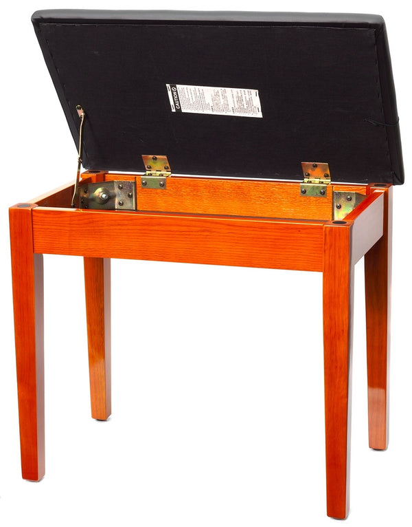 Montford Piano stool in Gloss Teak finish with back vinyl top and storage under the seat. open position.