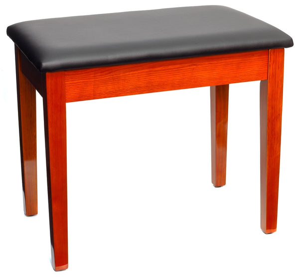 Montford Piano stool in Gloss Teak finish with back vinyl top and storage under the seat. Closed position.