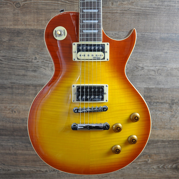 Vintage V100THB Les Paul. Translucent Flamed Honeyburst.