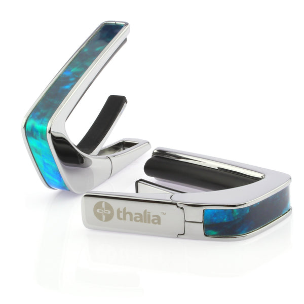 Thalia Exotic Series Shell Collection Capo ~ Chrome with Teal Angel Wing Inlay