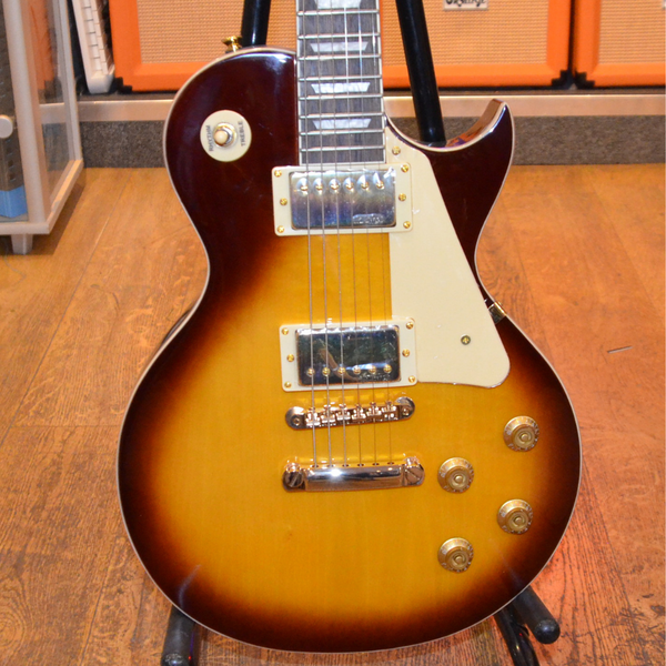 Vintage V100IT Les Paul Electric Guitar in Flamed Iced Tea.