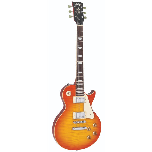 Vintage V100HB Les Paul Electric Guitar in Flamed Honeyburst.